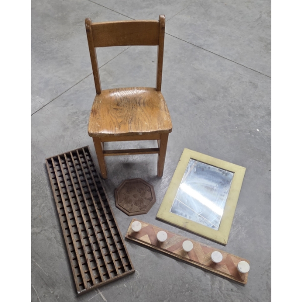 Vintage Items Including Childs Wood Chair, Mirror, Wall Rack & More -No Shipping