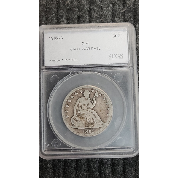 1862-S SEGS G-6 Seated Liberty 90% Silver Half Dollar 
