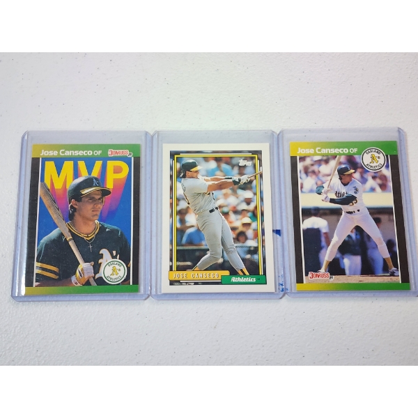 Three Jose Canseco Oakland Athletics '92 Topps & '89 Donruss Trading Cards in Protective Holders 