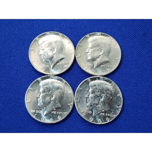 x4 Assorted Years 40% Silver Kennedy Half Dollars - FV: $2.00