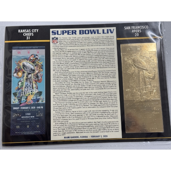 Authentic 2020 Super Bowl LIV NFL Football Ticket & 24K Gold Plated Ticket - Mint Condition