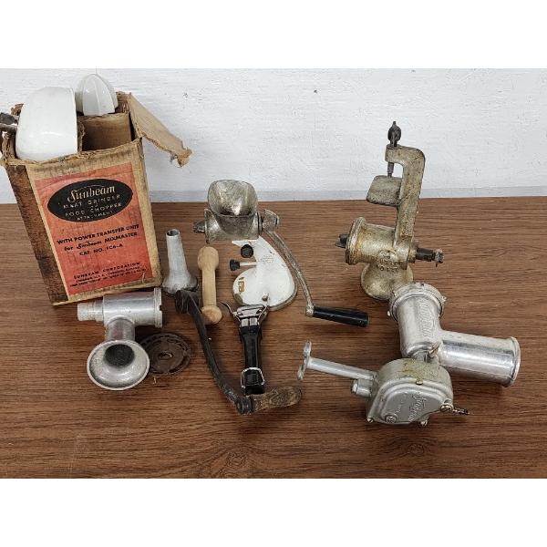 Lot of Assorted Vintage Meat Grinders and Parts Including Sunbeam Meat Grinder & Food Chopper