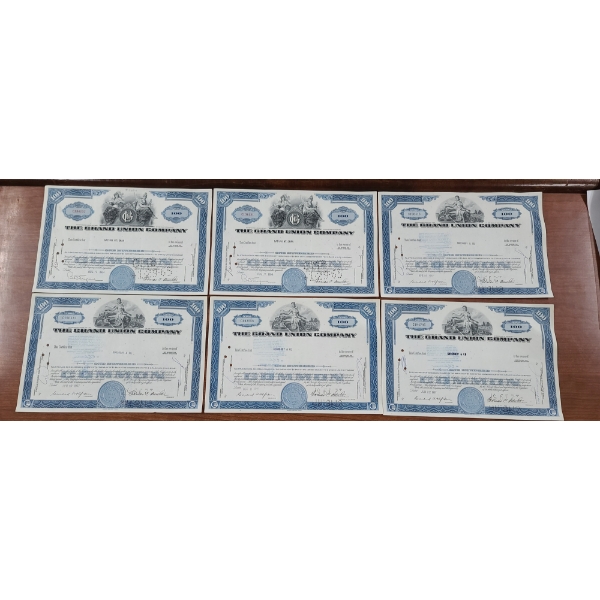 Lot of Six 1960's Grand Union Company 100 Shares Stock Certificates 