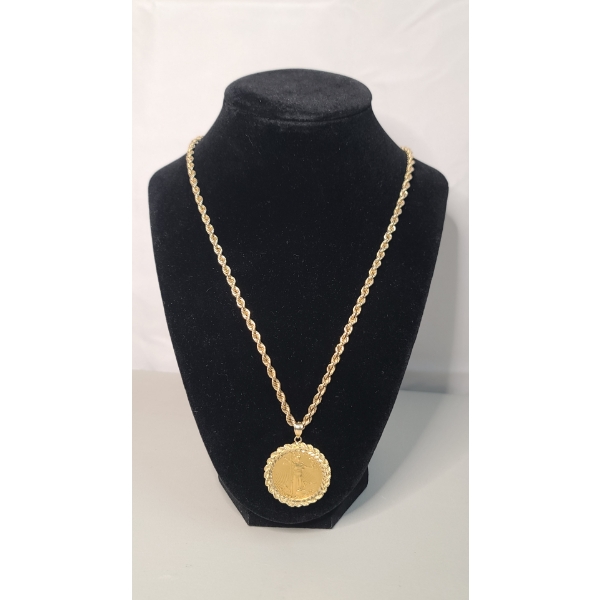 Stunning U.S 1994 $25 1/2 Oz Fine Gold Eagle In 14K Gold Bezel & On 14K Gold Chain - Weight: 48.4g
