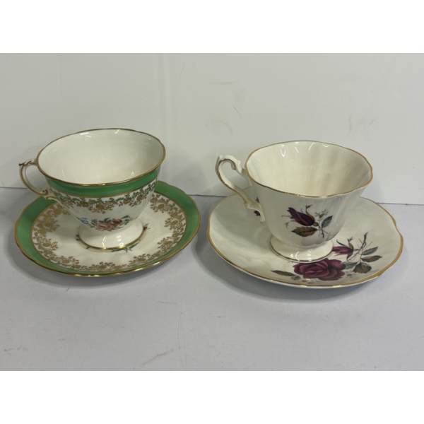 2 Gorgeous Teacups - Green Outline & Floral Pattern - Floral - Rosina Fine Bone China