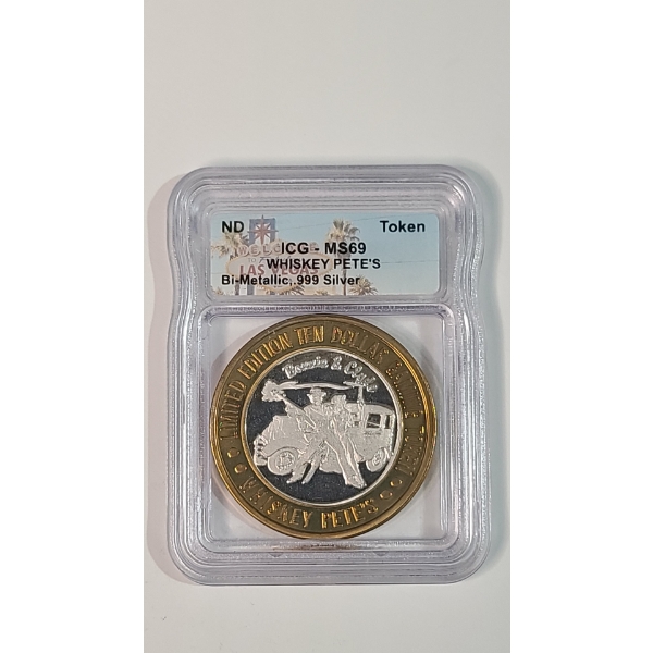 ICG MS69 Whiskey Pete's Casino Limited Edition $10 Bi-metallic Gaming Token .999 Fine Silver Center 