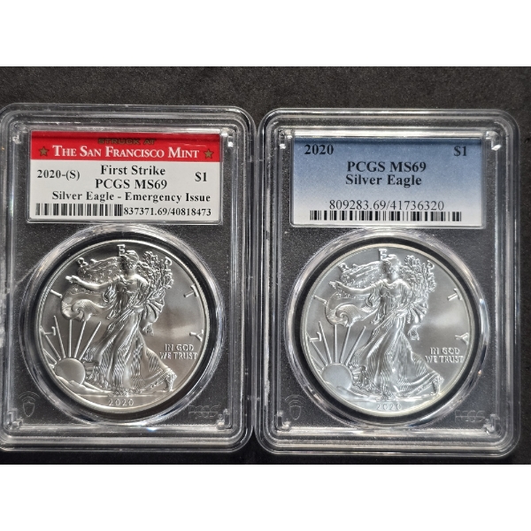 2 PCGS MS69 American Silver Eagles incl Emergency Issue
