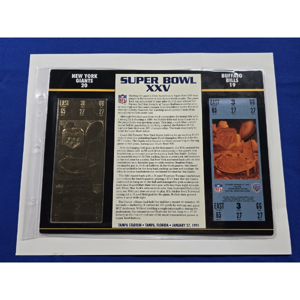 Authentic 1990 Super Bowl XXV NFL Football Ticket & 24K Gold Plated Ticket - Mint Condition