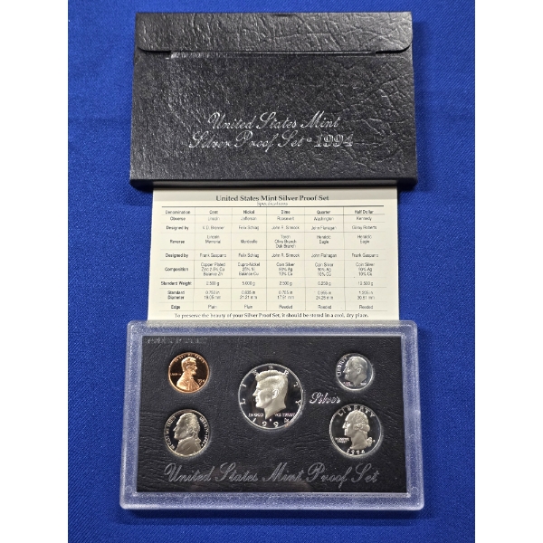 1994 S United States Mint Proof Silver Set - 5 Coins w/ Box & COA