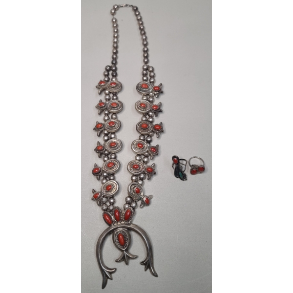 Costume Jewelry Necklace & Rings With Orange/Blue Stones