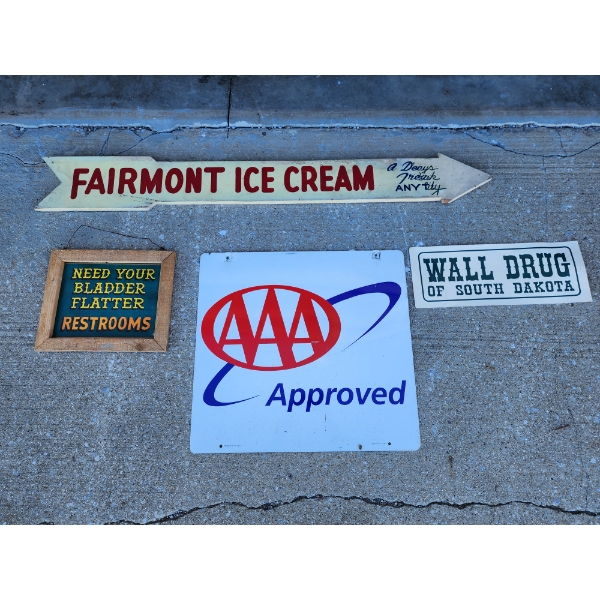 Assorted Wall Signs Including Large 5ft Fairmont Ice Cream Arrow Sign 