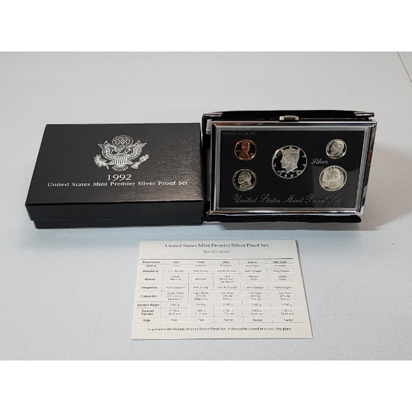 1992 United States Mint Premier Silver Proof Set with Display, Box, & CoA