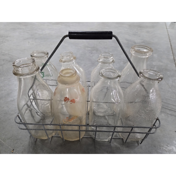 Excellent Condition Vintage Milk Caddy & Eight Different Vintage Quart Glass Milk Bottle Collection