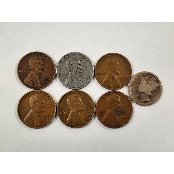 Lot of Assorted United States Coins Featuring Mercury Dime, Steel & Wheat Pennies ~ FV: $0.16