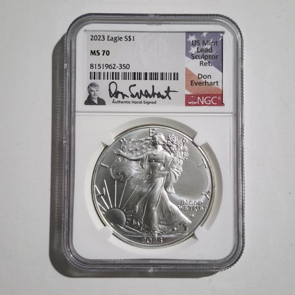 NGC MS70 Graded 2023 American Eagle 1 Oz Silver Eagle Round SIGNED By Lead Sculptor Don Everhart