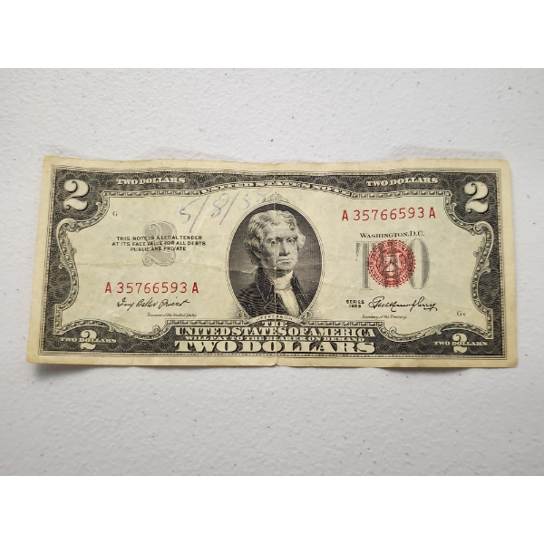 Series 1953 United States $2 Bill Red Seal Banknote SN A35766593A