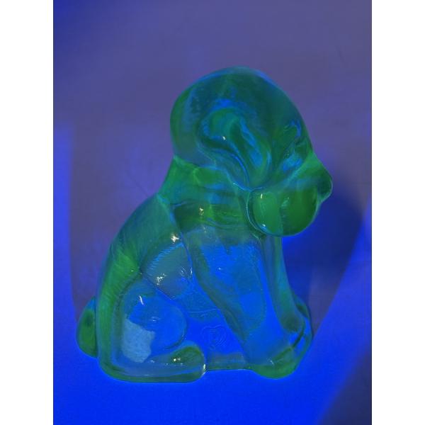 Adorable Degenhart Vintage Uranium Glass Dog Figurine -Smokey Blue