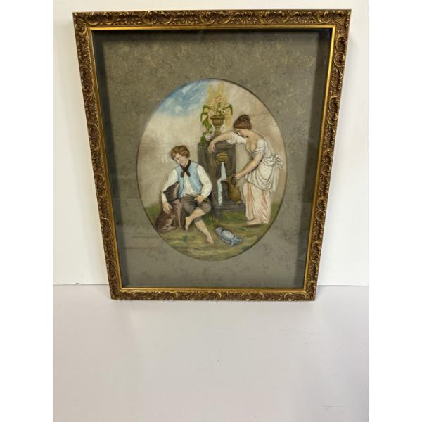 Vintage 3D Framed Clay Picture - Woman at a Well, Man with Dog - Professionally Handcrafted- 21x17' 