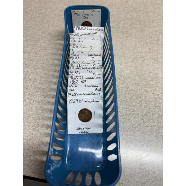 Assorted Wheat & Some Copper Pennies in Basket - In labeled Cards - Various Years - Some Die Cracks 