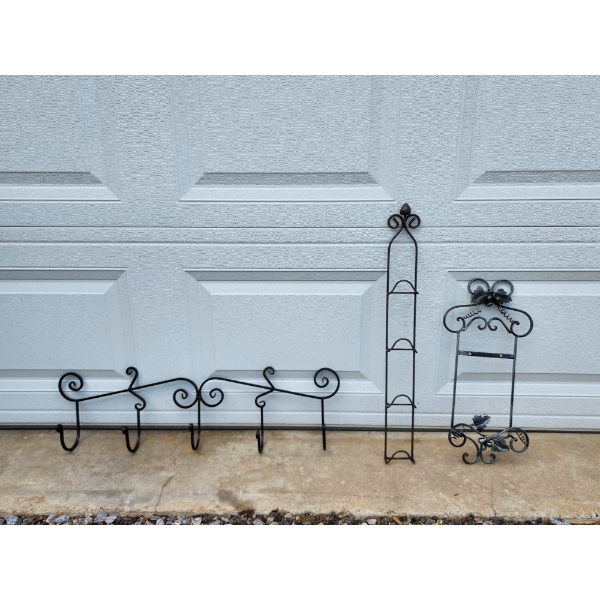 Three Hanging Metal Decor Items: Coat Rack, Plate Holders