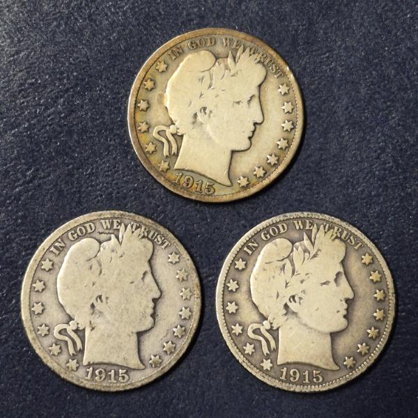 3 Pcs - Barber (Liberty Head) 90% Silver Half Dollars - 1915 P / D / S  See Pics