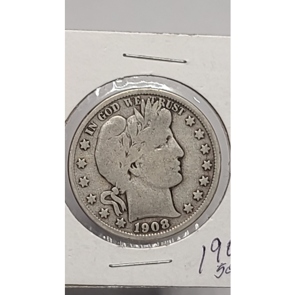 1908-D 90% Silver Barber Half Dollar