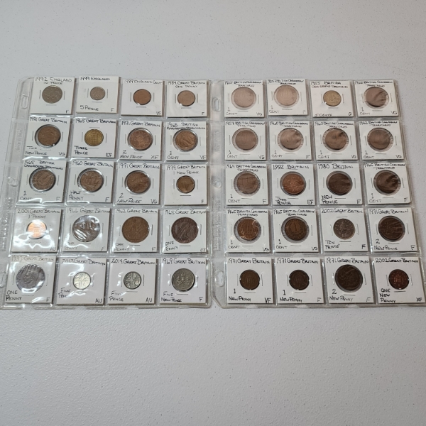 2 Binder Pages Filled with Assorted World Coins: England, G.Britain & British Caribbean Territories