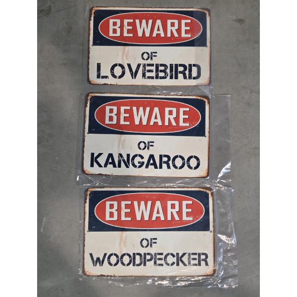 Three Brand New 12''x8'' Tin Decorative Beware Of Woodpecker, Lovebird & Kangaroo Design Signs 