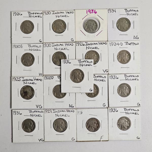 17 AUTHENTIC Buffalo (Indian Head) Nickels FV: $.85