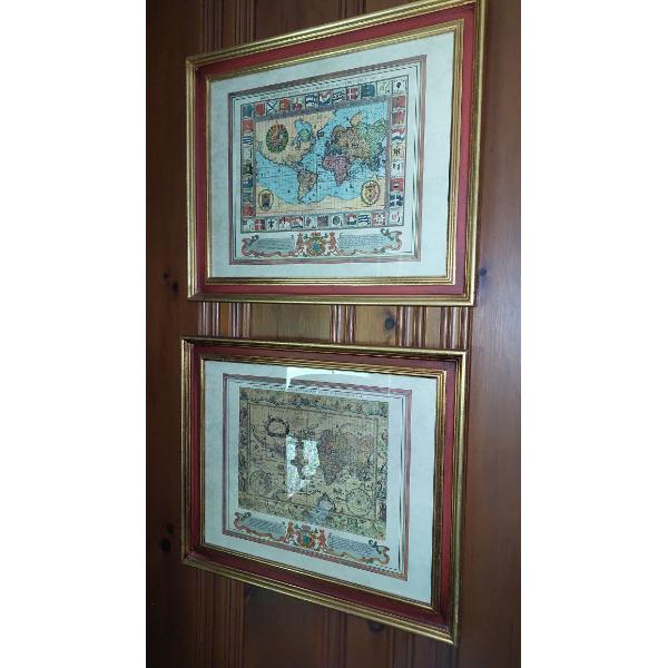 Vintage Set Of Framed Maps Of The World 23" x 18" Both Nicely Done See Pics