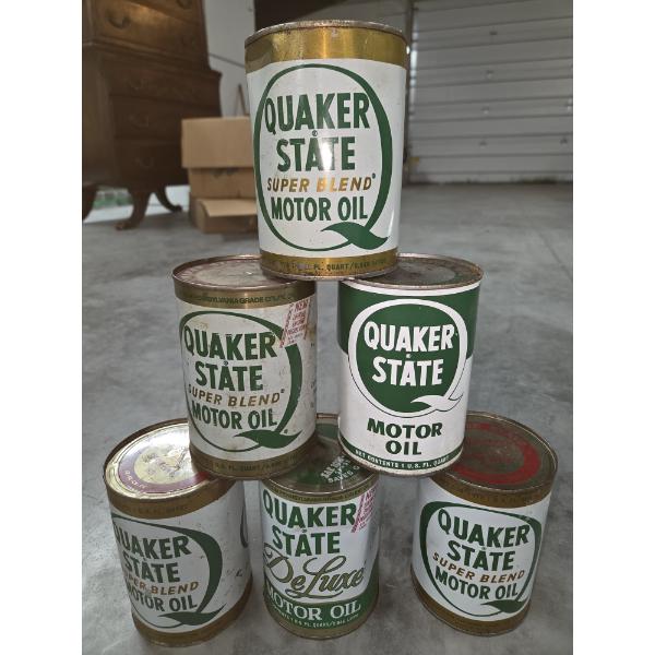 Five Full Vintage Quaker Oil Cans