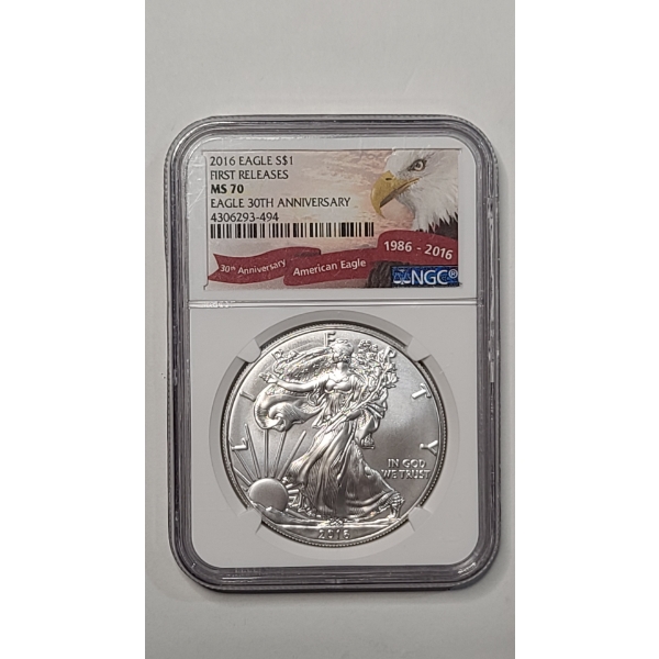 NGC 2016 MS 70 First Releases 30th Anniversary 1 Troy Ounce .999 Fine Silver American Eagle Dollar