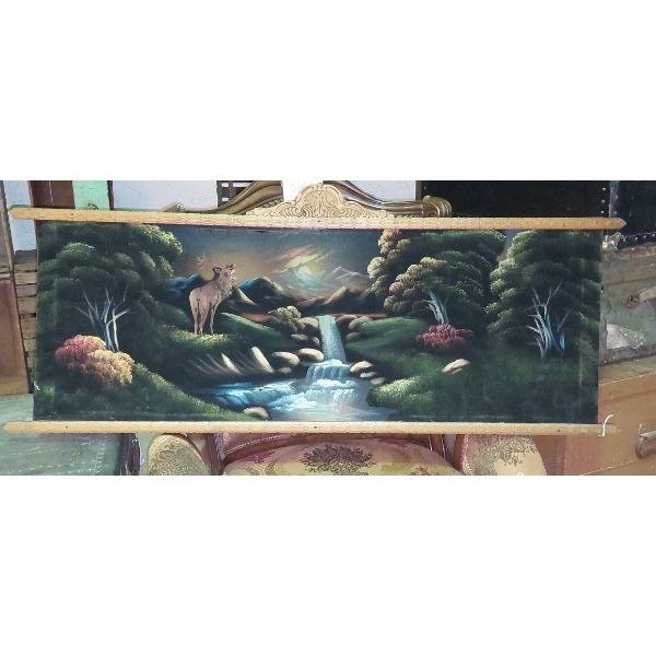 Scenic Velvet Painting In Vintage Wood Carved Frame - 48 x 18 Overall