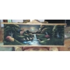 Image 1 : Scenic Velvet Painting In Vintage Wood Carved Frame - 48 x 18 Overall
