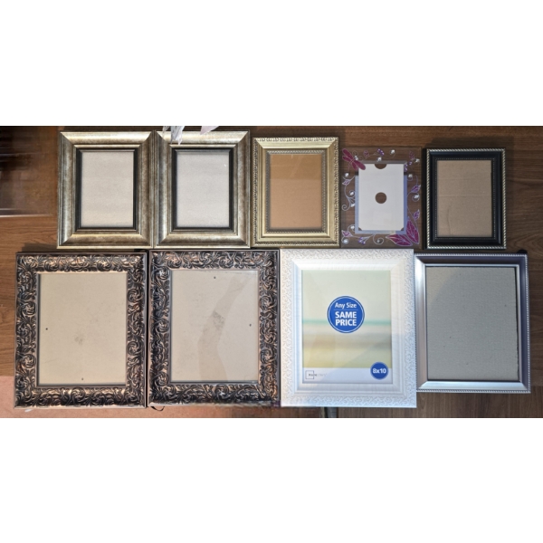 9 Assorted Picture Frames - 8x10, 5x7, 4x6
