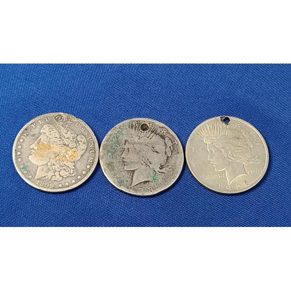 1922, 1923 90% Silver Peace Dollar & 1899 -O 90% Silver Morgan Dollar (All Have Damage)