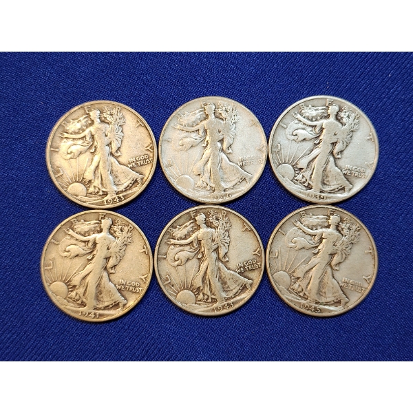 x6 Assorted Years 90% Silver Walking Liberty Half Dollars - Face Value: $3.00