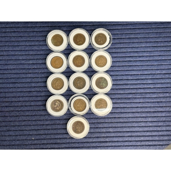 13 United States Indian Head Pennies, Various Years 