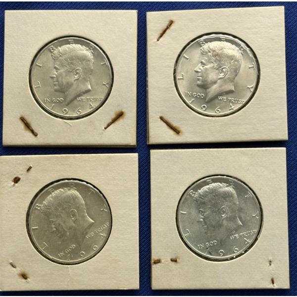 Lot of 4 90% Silver 1964 Kennedy Half-Dollars, FV $2.00
