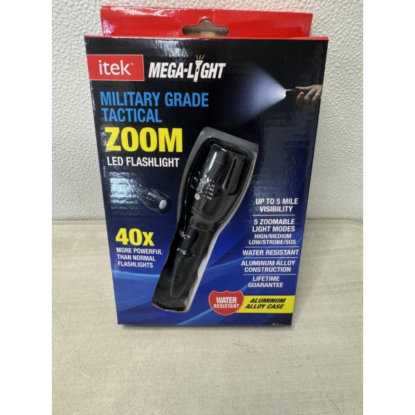 ITEK Military Grade Tactical Zoom LED Flashlight Mega Light - New In The Box!