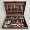 Image 1 : Vintage Queen's Pattern Stainless Steel Flatware Service Lined Inside A Wooden Storage Chest