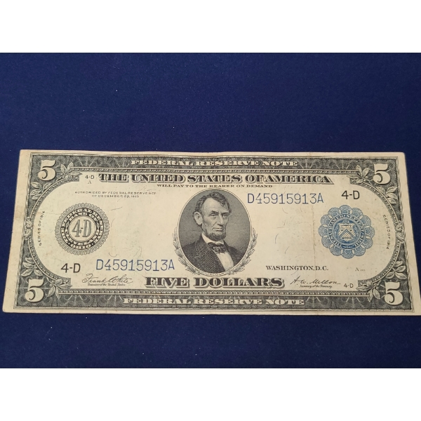 $5 1914 Federal Reserve Note Cleveland Fr#859a White/Mellon - In Great Shape!