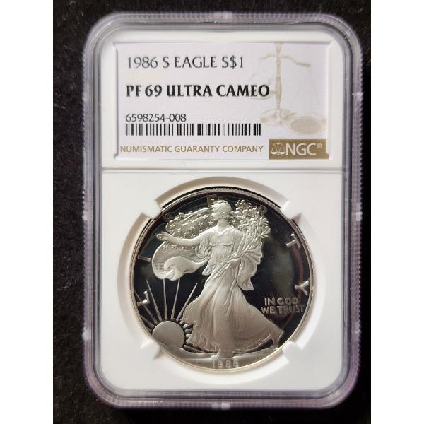 NGC PF 69 Ultra Cameo 1986-S Silver 1 Oz American Eagle Round 