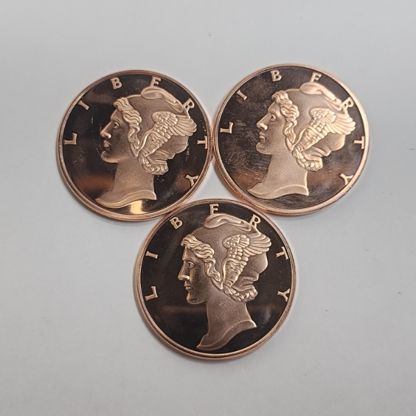Three Mercury Head Design 1 AVDP Ounce .999 Fine Copper Rounds - 3 oz Copper Total!