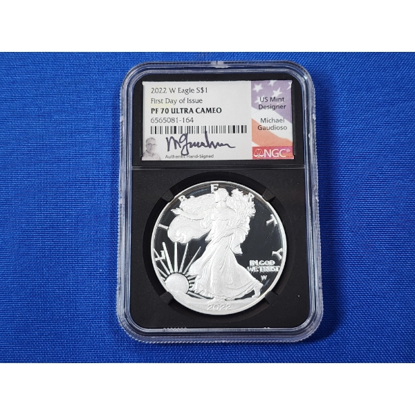 2022-W NGC PF ULTRA CAMEO Silver Eagle FDOI - 1oz Fine Silver - Gaudioso Signed!