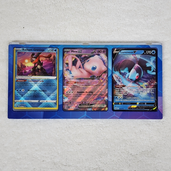 Nice Three Card Pokemon Display Ft. Holo Trading Cards ~ Radiant Greninja, Mew & Lumineon V