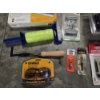 Image 3 : Storage Tote With Mostly New Items Including, Mini Air Nailer, DeWalt Glasses, Batteries, Fasteners 