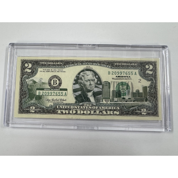 2003 United States Jefferson ARIZONA $2.00 Bill In Hard Case Holder - Mint Condition - RARE