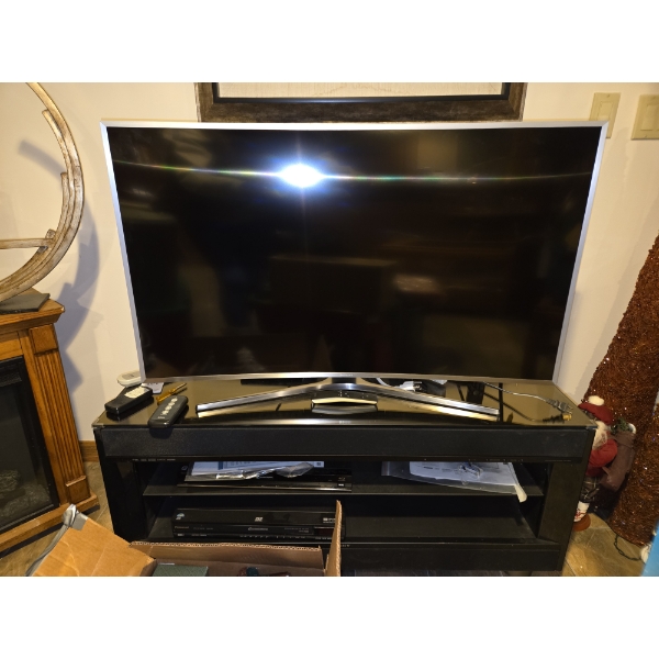 Samsung TV With Remote, Sony TV Stand W Built In Speakers, Sony Blu Ray Player, And Panasonic 5 Disc