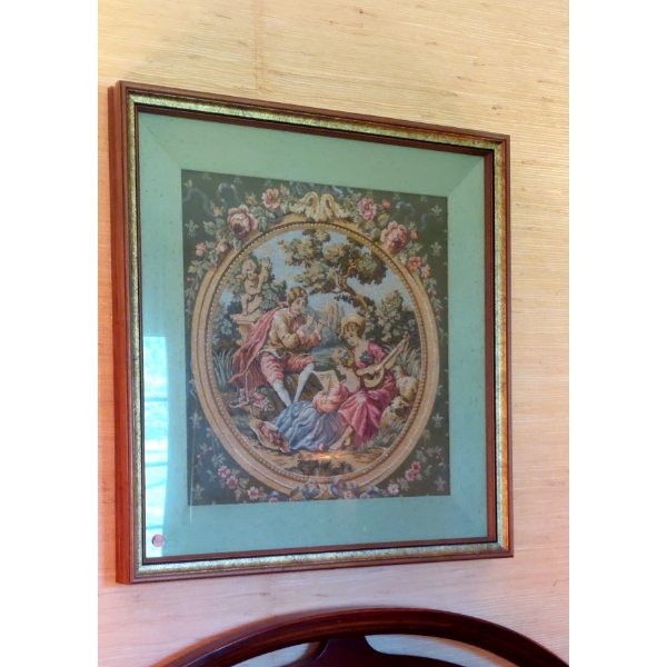 Large Square Framned Victorian Print Showing 3 Musicians - Very Colorful & In Perfect Condition